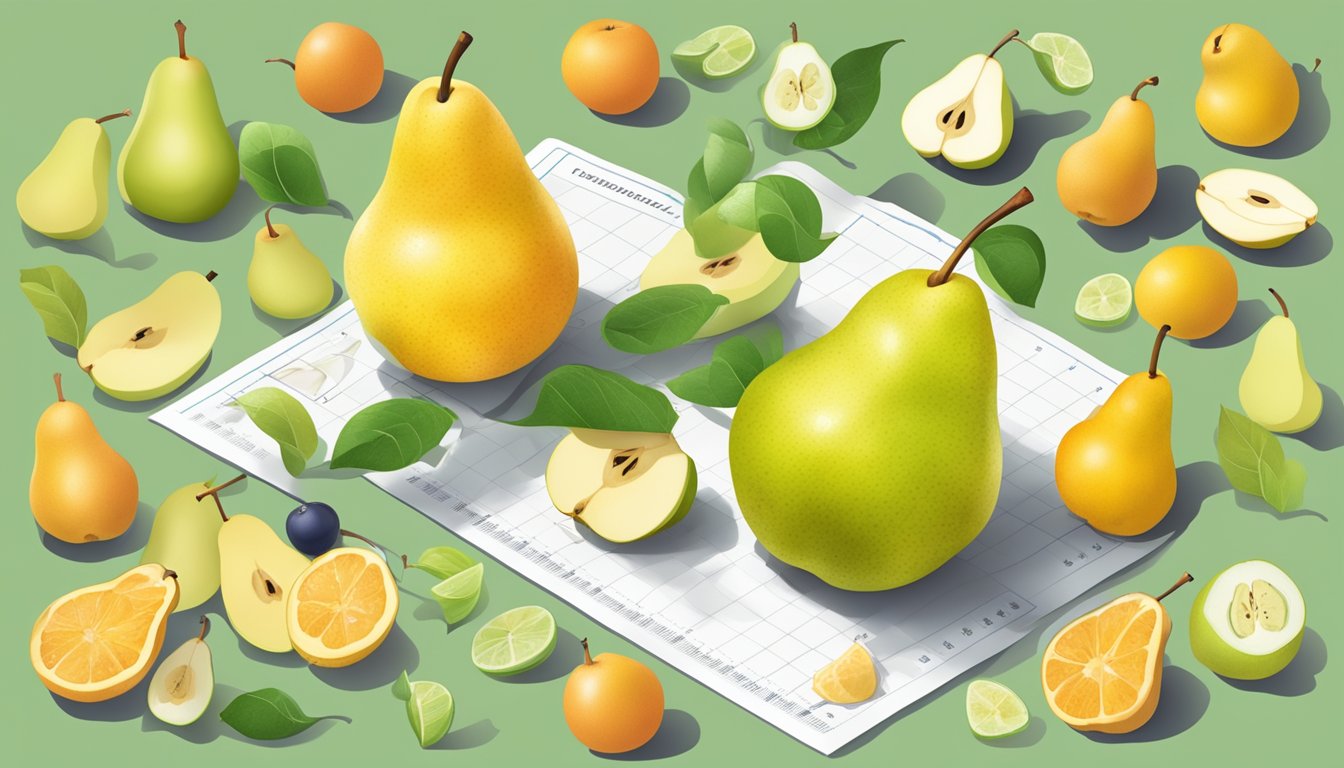 A pear surrounded by various fruits, with a glycemic index chart in the background