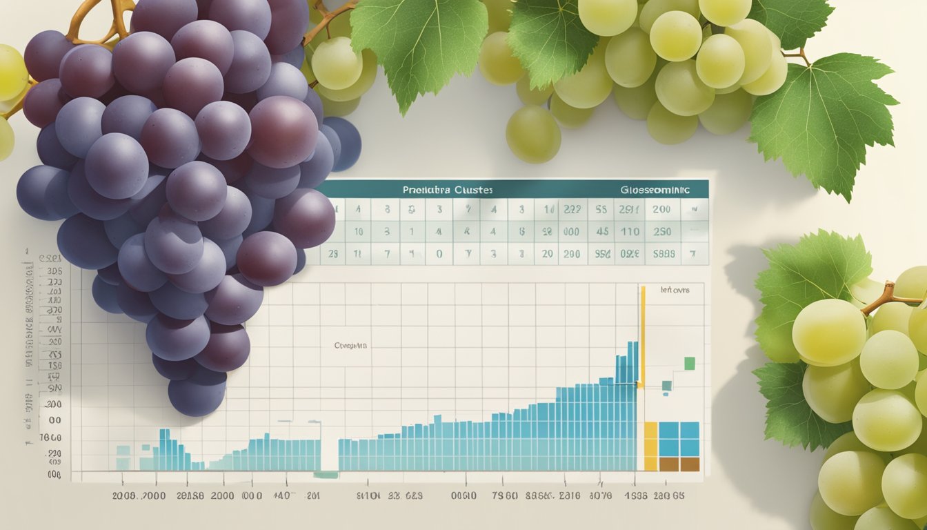 A cluster of ripe grapes next to a glycemic index chart, with a warning sign indicating potential risks