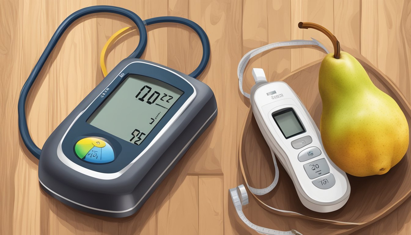 A ripe pear sitting on a wooden cutting board, surrounded by a measuring tape and a blood glucose monitor