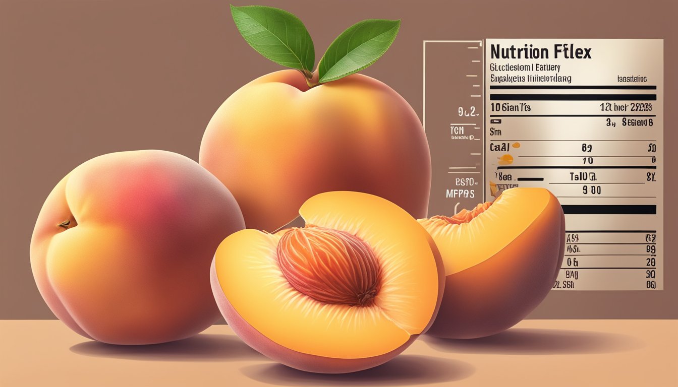 A ripe peach with a slice cut open, revealing the juicy flesh and pit. A nutrition label is placed next to it, showing the glycemic index