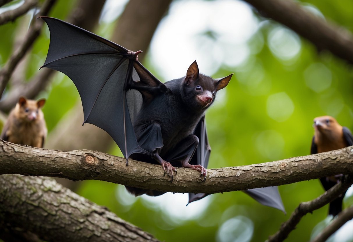 A bat perched on a tree branch, surrounded by other wildlife