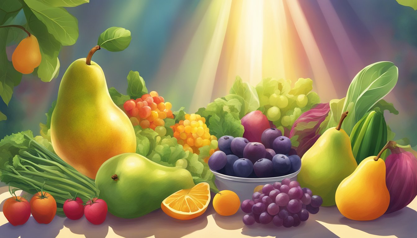 A ripe pear surrounded by a variety of colorful fruits and vegetables, with beams of sunlight shining down on them