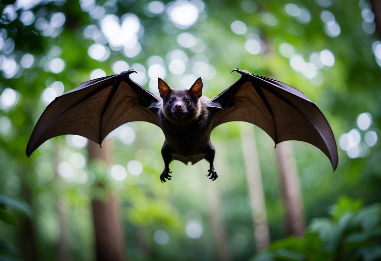 A bat flying over a dense forest, with a focus on its wings and body shape