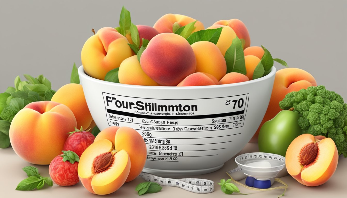 A bowl of fresh peaches surrounded by a variety of colorful fruits and vegetables, with a measuring tape and a nutrition label in the background