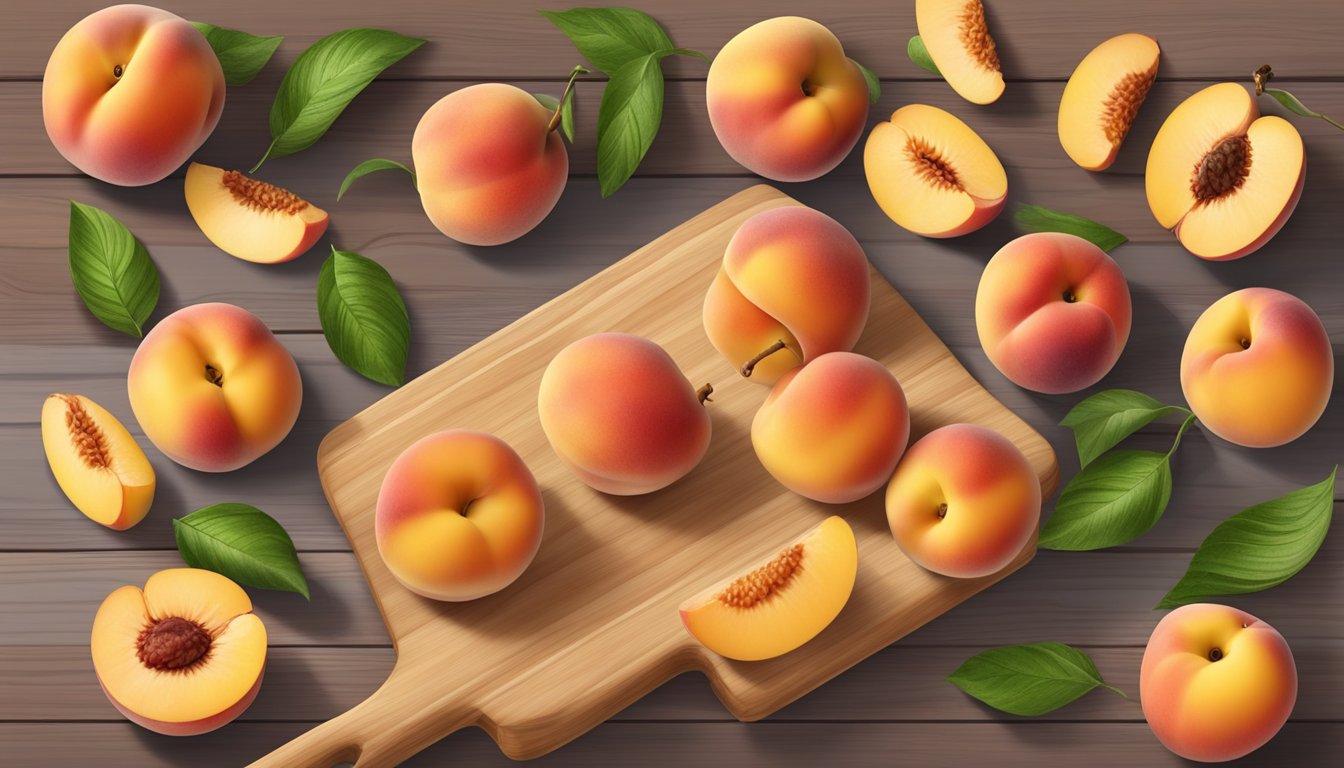 A ripe peach surrounded by a variety of low-glycemic index fruits on a wooden cutting board