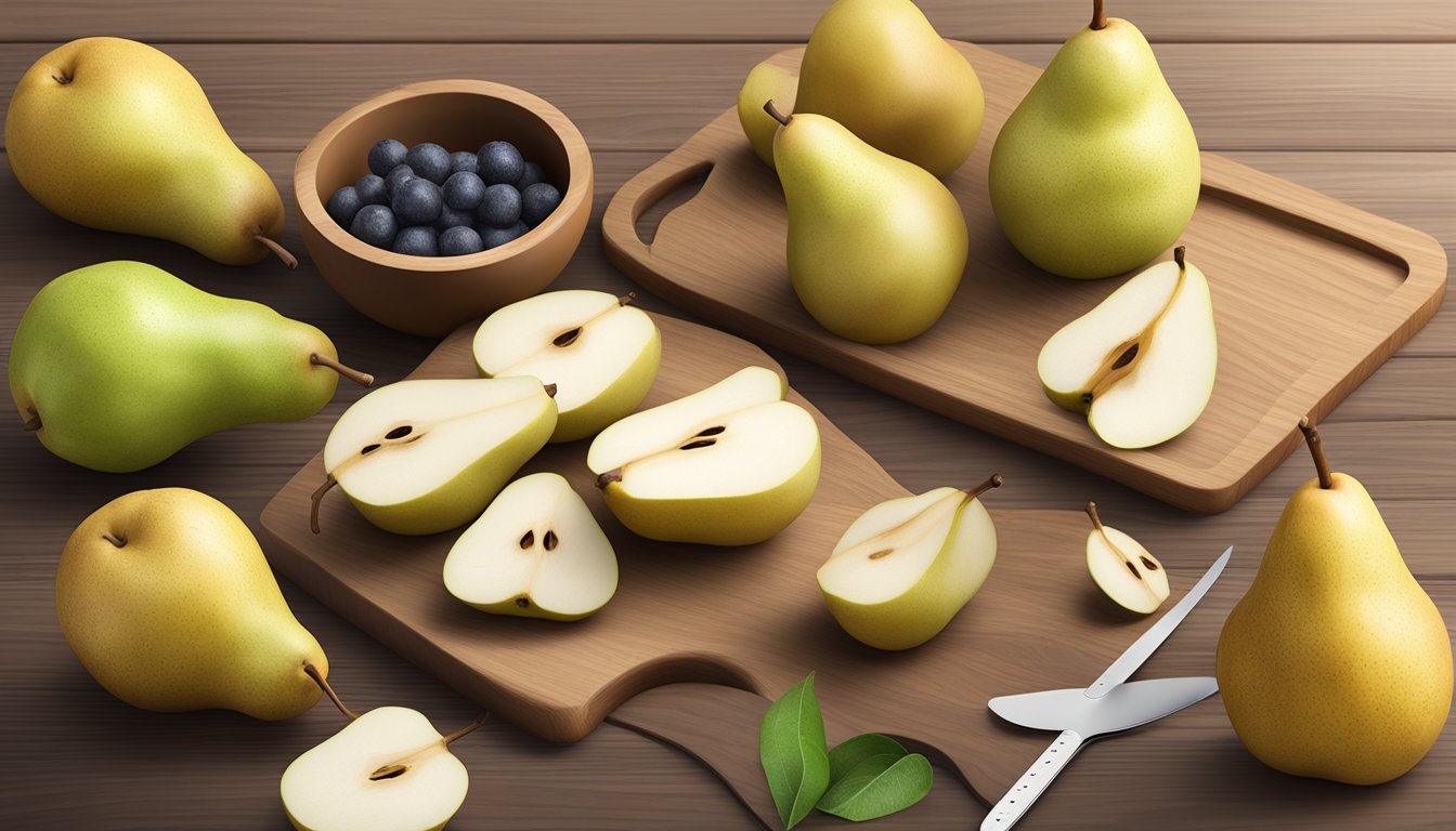 A variety of pears arranged on a wooden table, including whole, sliced, and pureed forms, with a glycemic index chart in the background