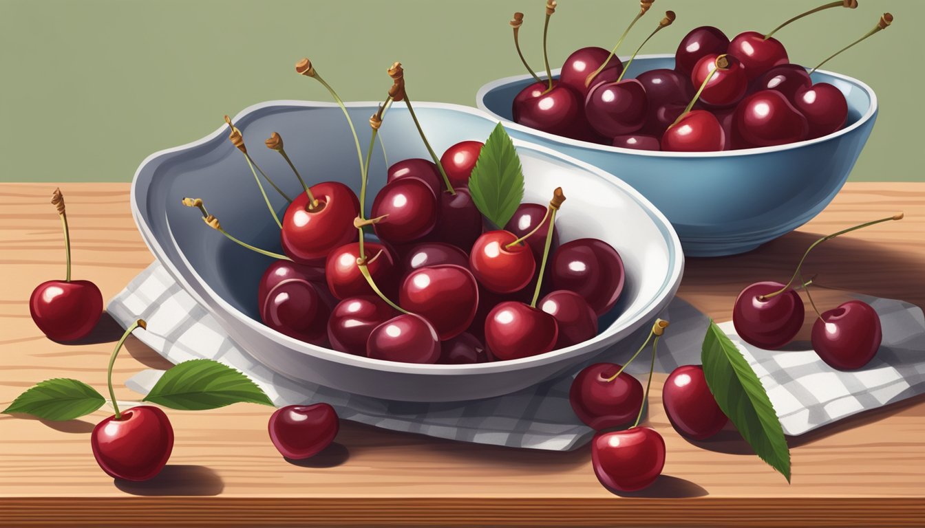 A bowl of cherries arranged on a wooden cutting board with a small plate of sugar next to it