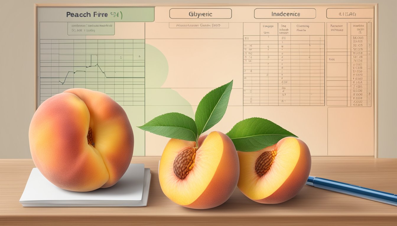 A peach and other fruits on a table, with a chart comparing their glycemic indices displayed nearby