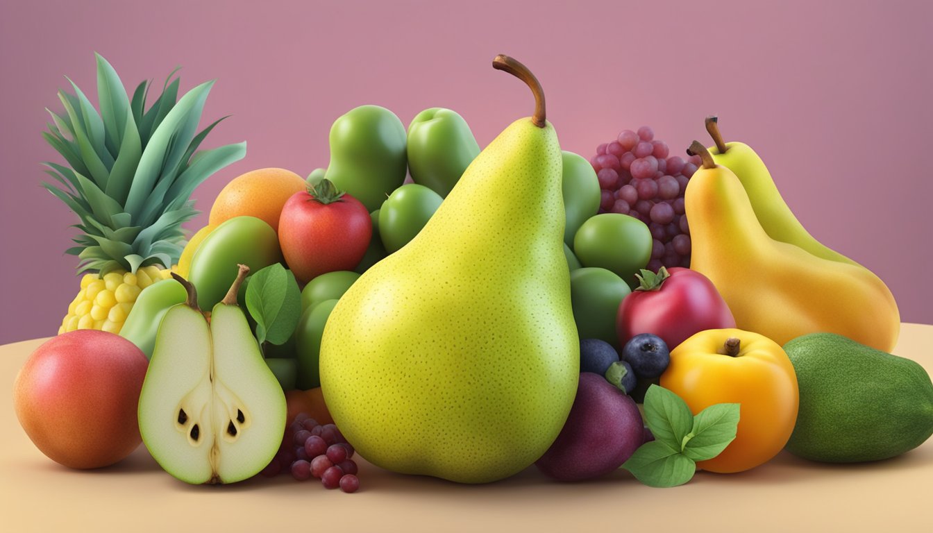 A ripe pear surrounded by a variety of colorful fruits and vegetables, with a focus on its unique shape and texture