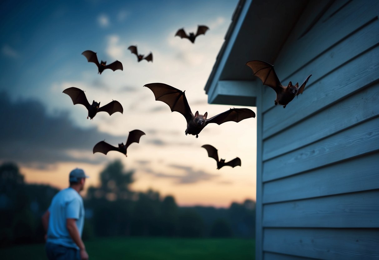 Bats flying out of an attic at dusk, while a person watches from a distance
