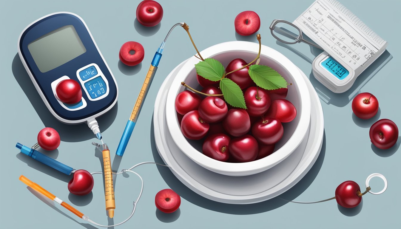 A bowl of cherries surrounded by a blood glucose meter and insulin syringe