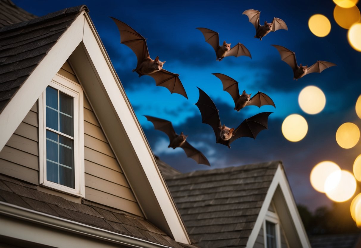 Bats flying around a house at night, entering through cracks in the roof, and roosting in the attic