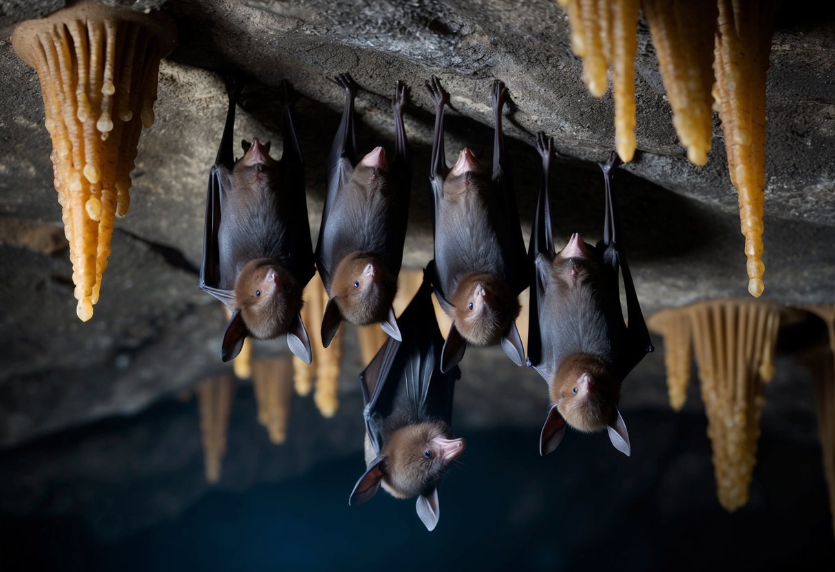 Bats roosting in a dark, damp cave, hanging upside down from the ceiling among clusters of stalactites