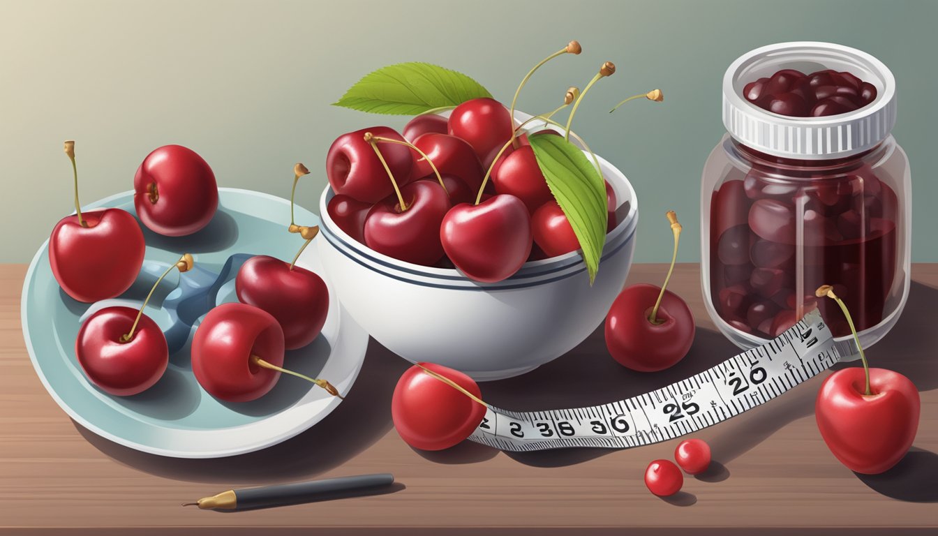 A bowl of cherries surrounded by a measuring tape, blood sugar monitor, and a nutrition label