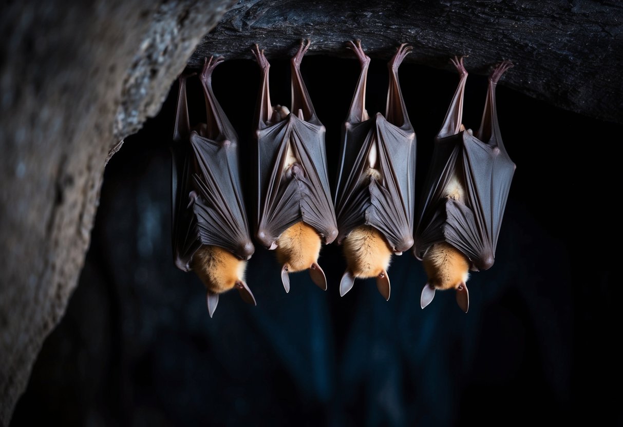 Bats hang upside down in a dark cave, nestled closely together, their wings draped over their bodies