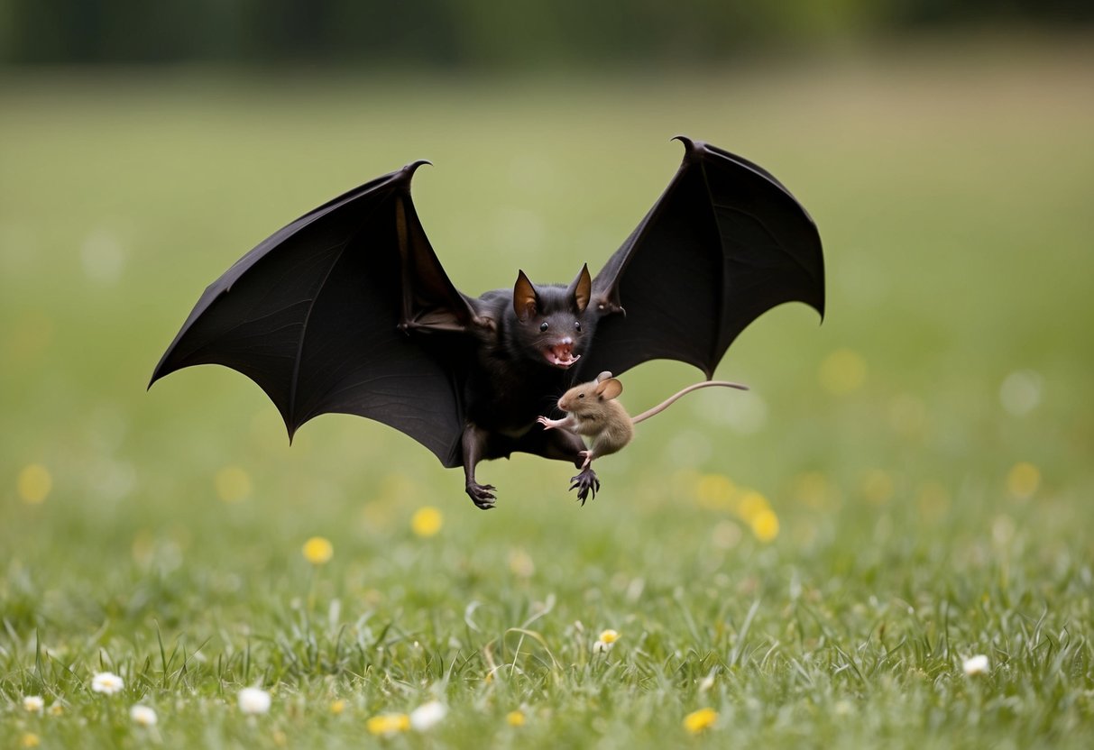 A bat swoops down on a field, catching a mouse in its sharp claws