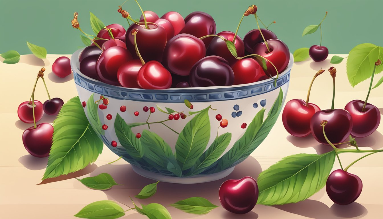 A bowl of ripe cherries surrounded by vibrant green leaves and a few scattered cherry pits