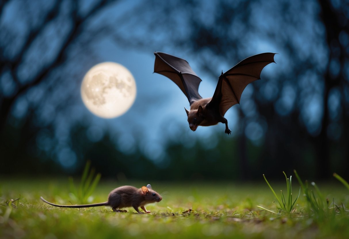 A bat swoops down on a mouse in a moonlit forest clearing