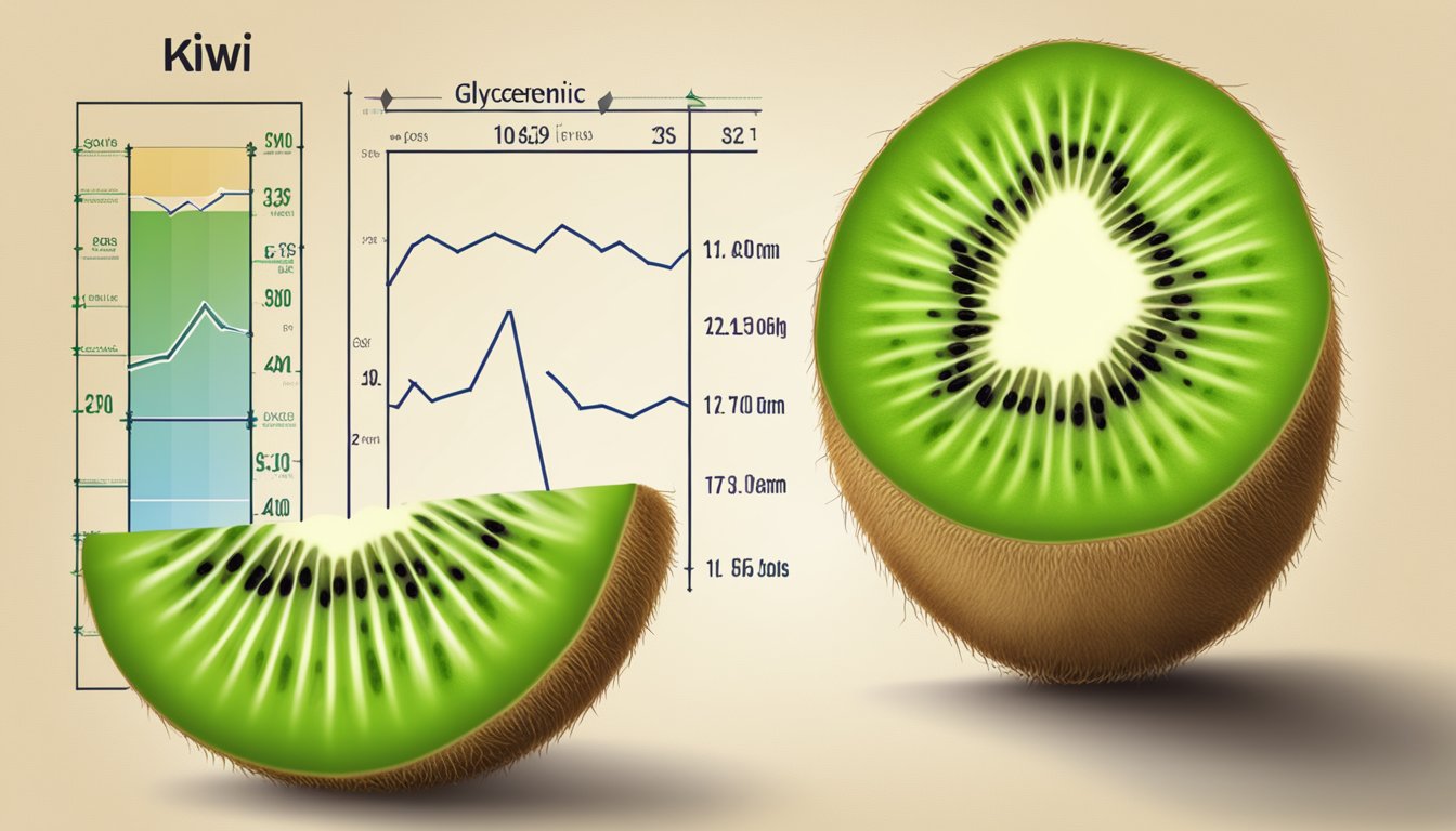 A kiwi fruit next to a chart showing the glycemic index scale