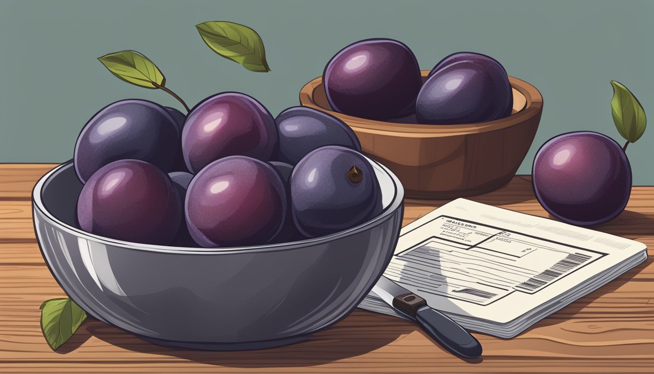 A bowl of ripe plums arranged on a wooden cutting board, with a knife and a nutrition label next to them