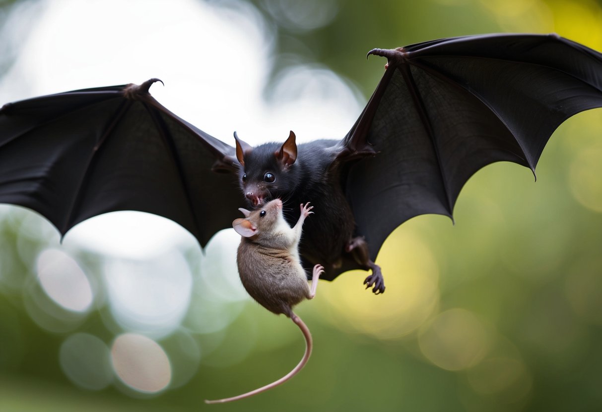 A bat swoops down, catching a mouse in its sharp teeth