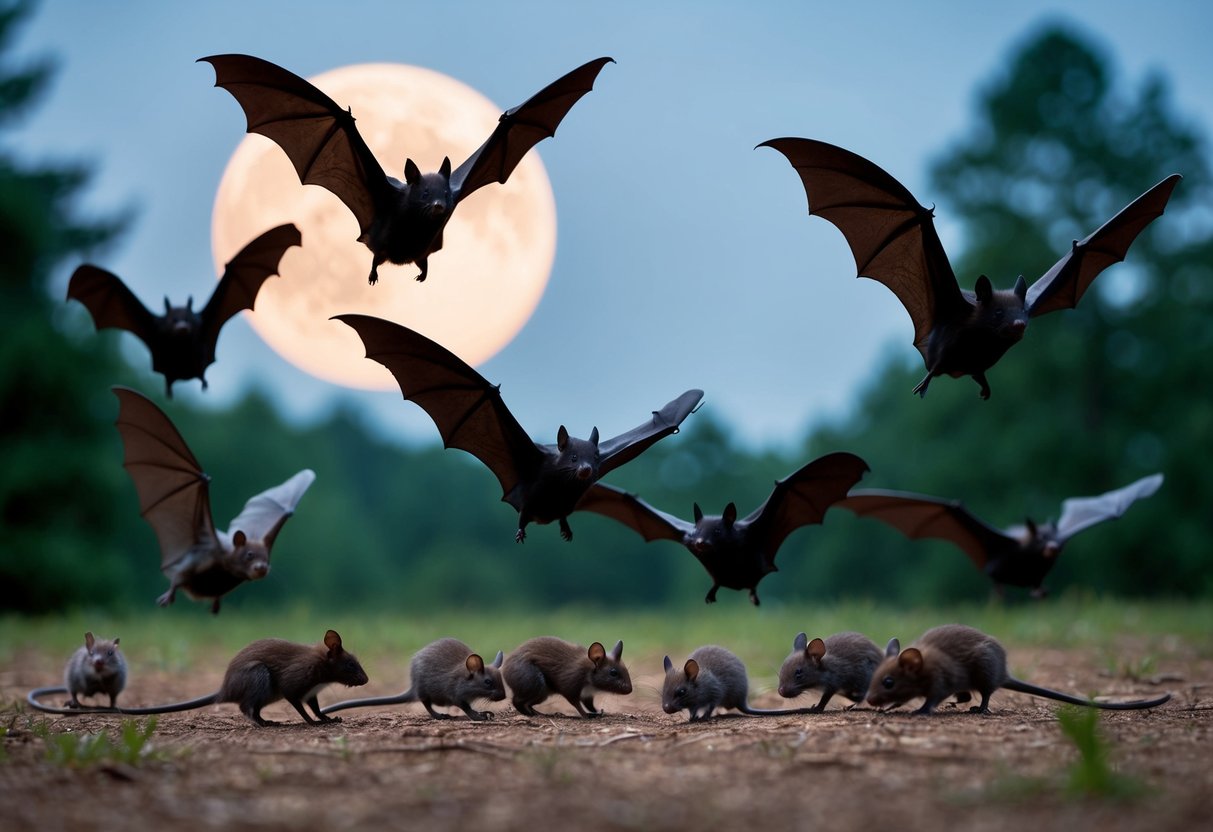 Bats swooping down on mice in a moonlit forest clearing