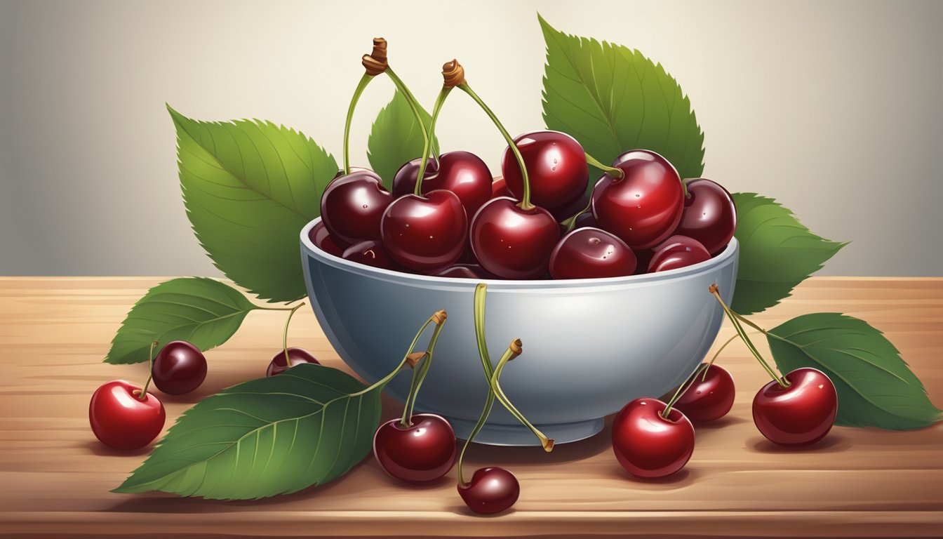 A bowl of ripe cherries spilling out onto a wooden table, surrounded by scattered cherry stems and leaves