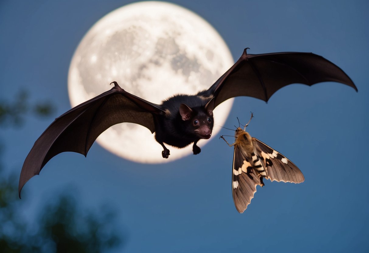 A bat swoops down to catch a fluttering moth in the moonlit night