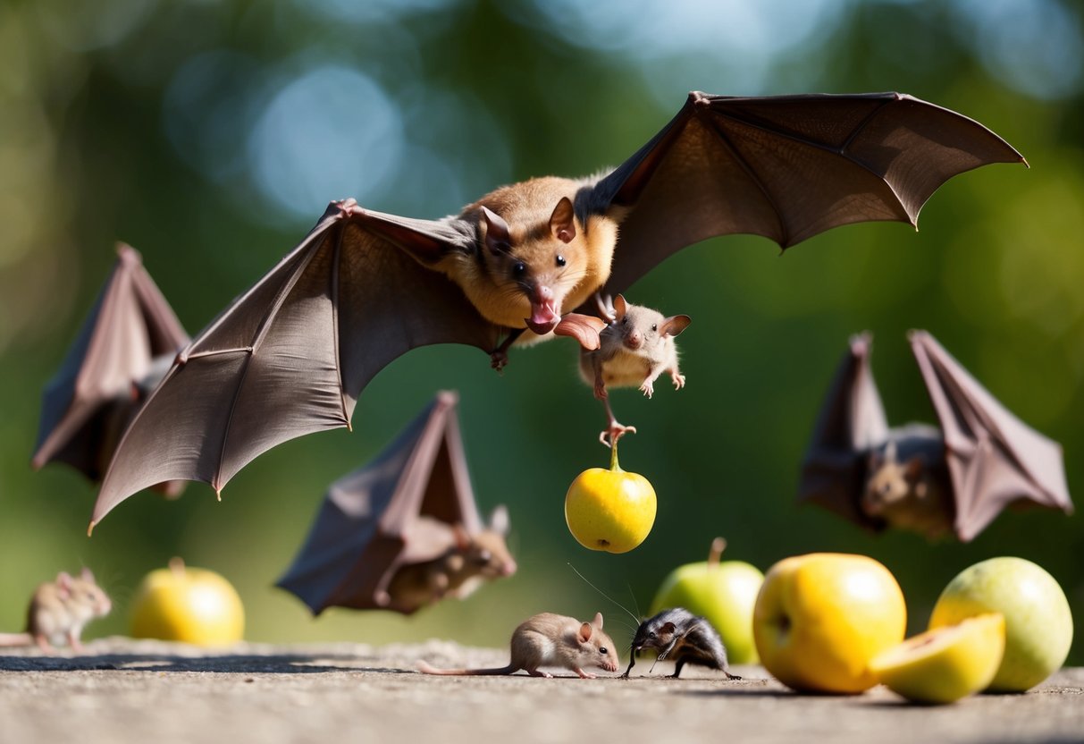 A bat swoops down to catch a small rodent in its mouth, while other bats feast on fruits and insects nearby