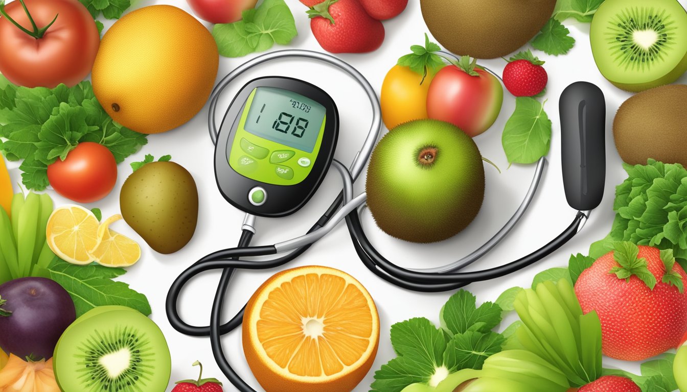 A ripe kiwi surrounded by a variety of fruits and vegetables, with a blood glucose monitor and a doctor's stethoscope nearby