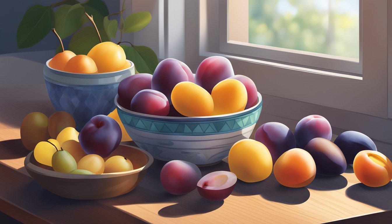 A bowl of assorted low-GI fruits, including plums, arranged on a wooden table with a soft, natural light filtering through a nearby window