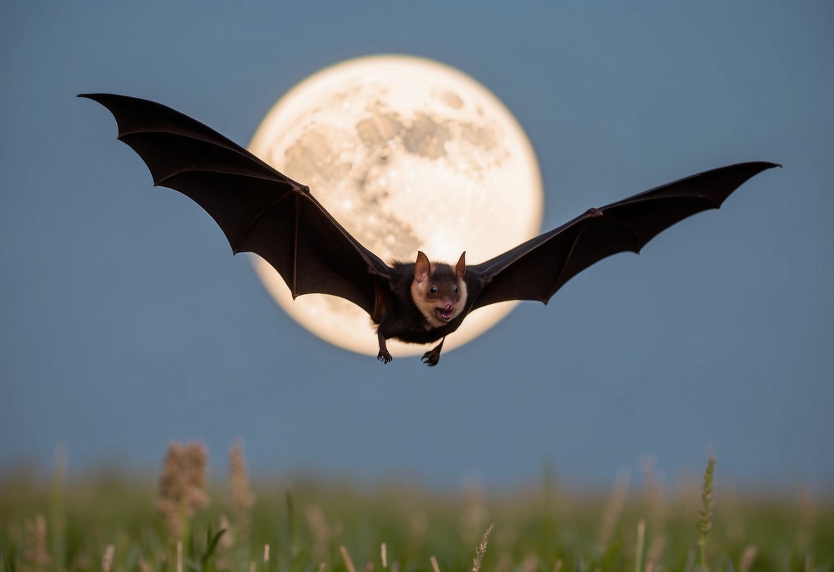 A bat swoops low over a moonlit field, emitting high-pitched calls to detect the movement of potential prey such as insects or small rodents