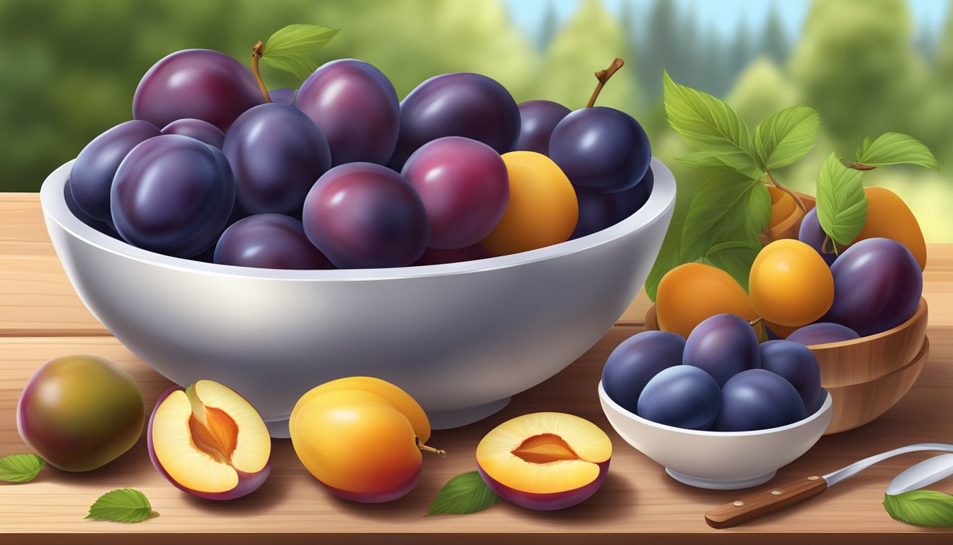 A bowl of assorted plums surrounded by a variety of fresh fruits on a wooden cutting board