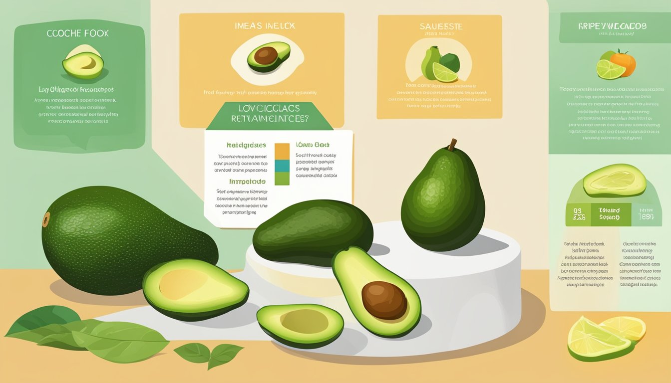 A ripe avocado placed next to a chart showing low glycemic index foods