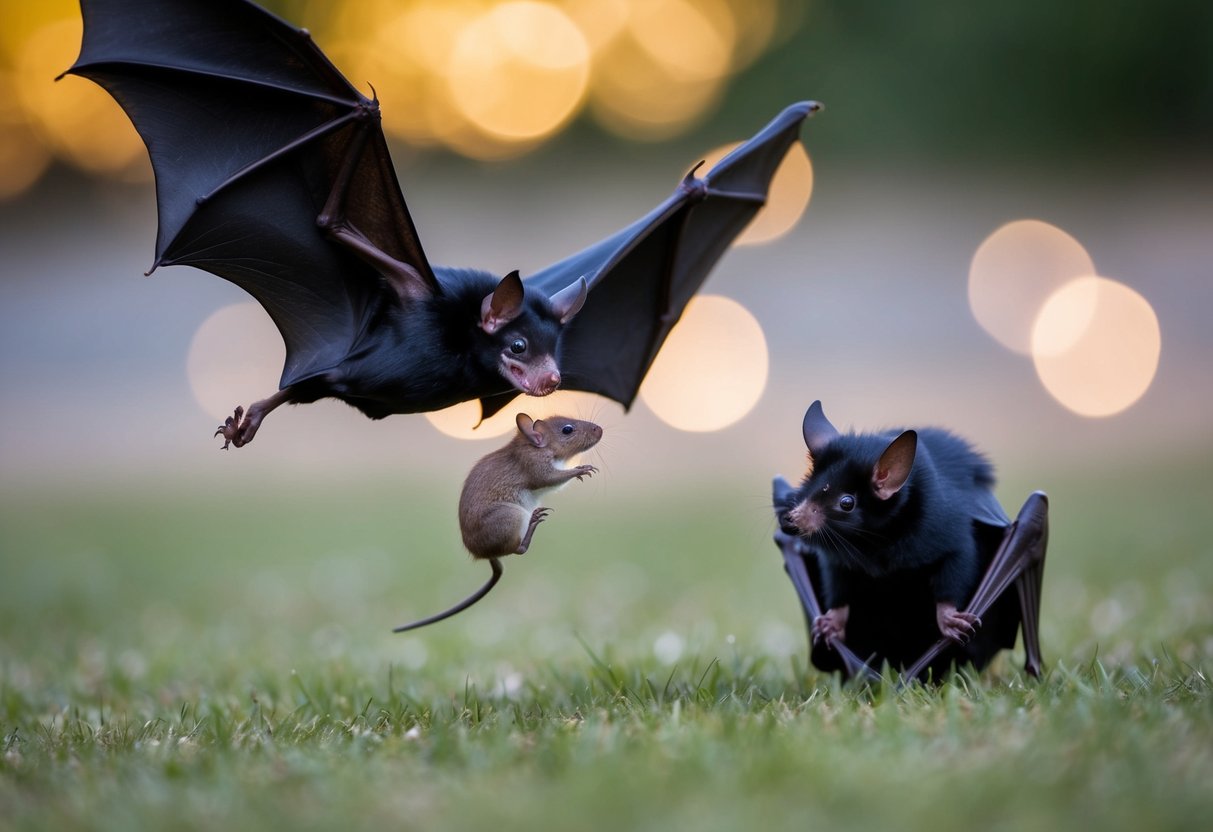 A bat swoops down to catch a small rodent in its sharp claws, while another bat perches nearby, watching the hunt