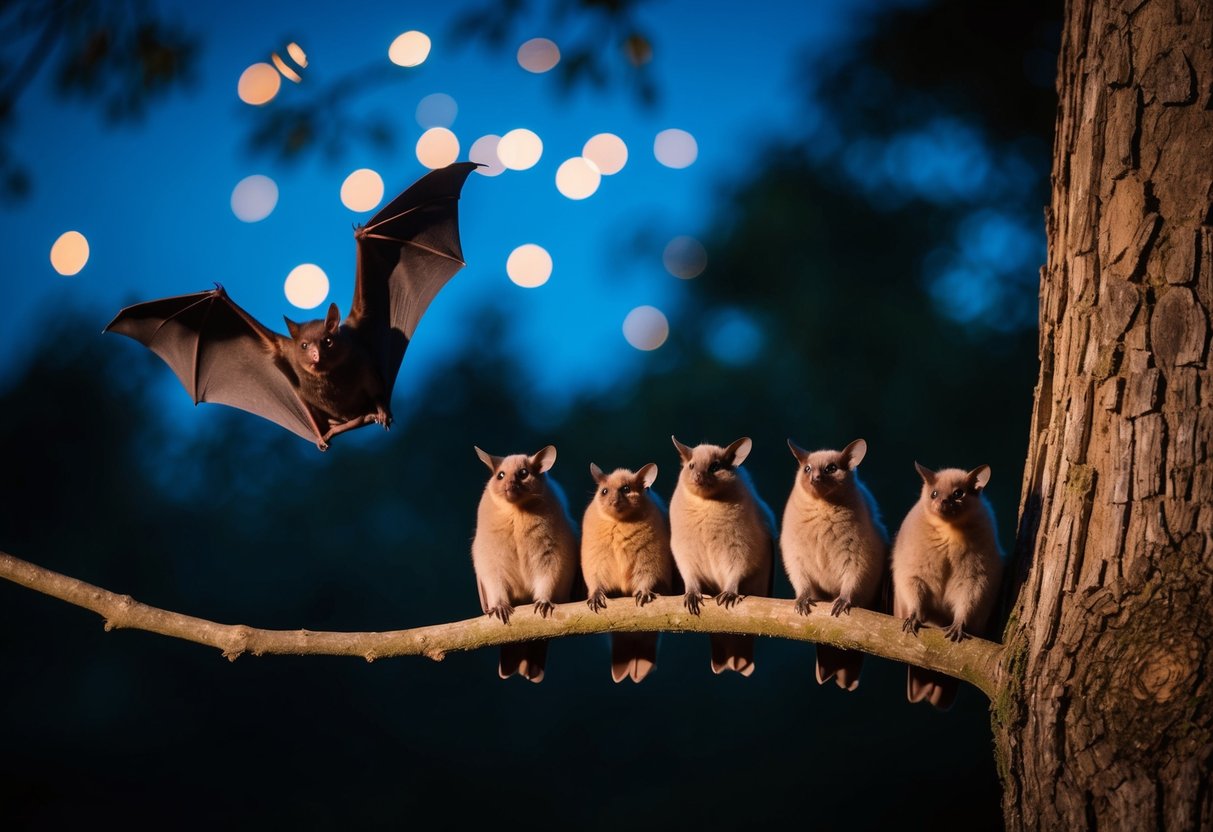 A bat silently watches a group of animals from a tree branch at night
