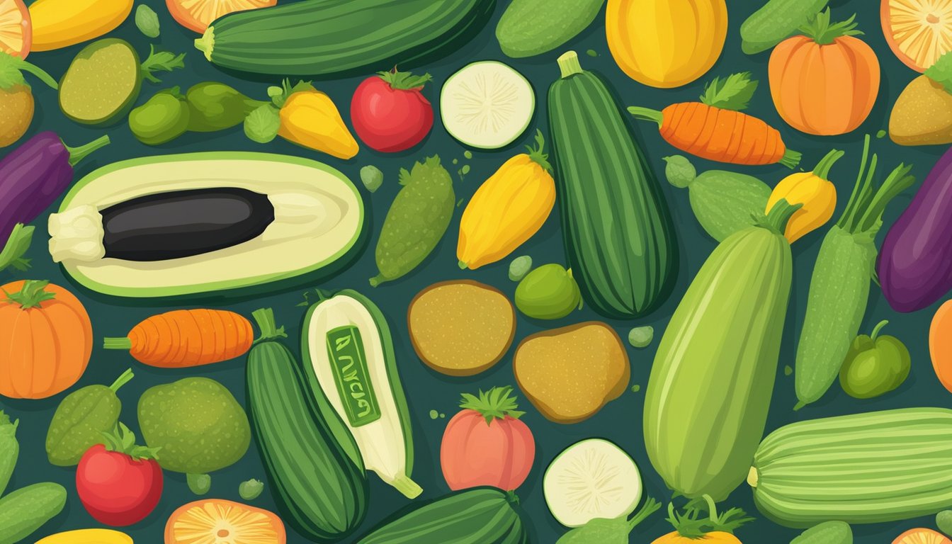 A zucchini surrounded by a variety of colorful fruits and vegetables, with a nutrition label in the background