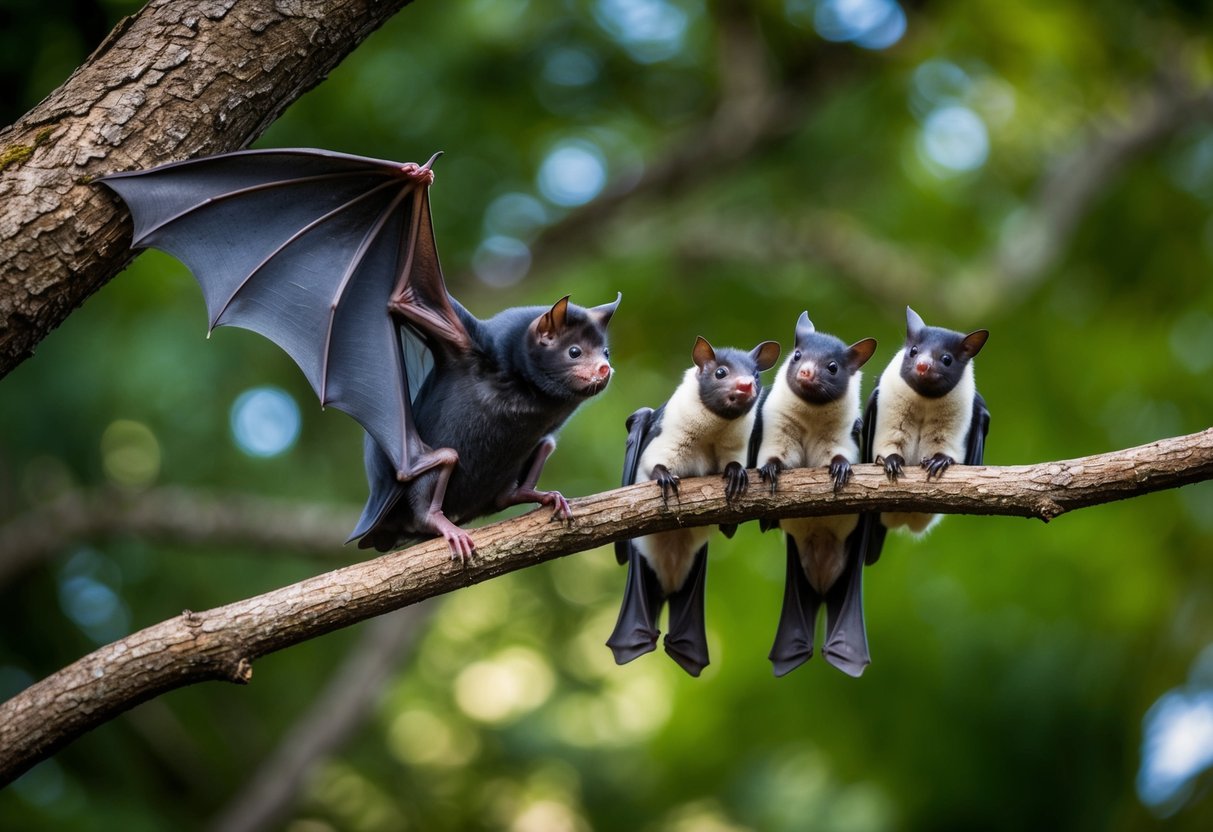 A bat perched on a tree branch, watching a group of animals from above
