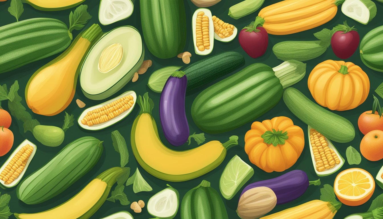 A zucchini surrounded by a variety of dietary items, including fruits, vegetables, and whole grains, with a focus on its glycemic index