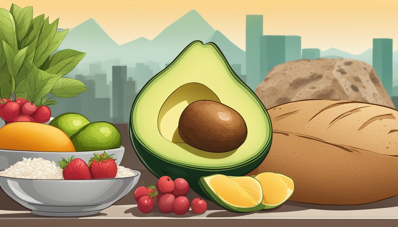 A ripe avocado surrounded by a variety of other foods, such as bread, rice, and fruit, with a glycemic index chart in the background