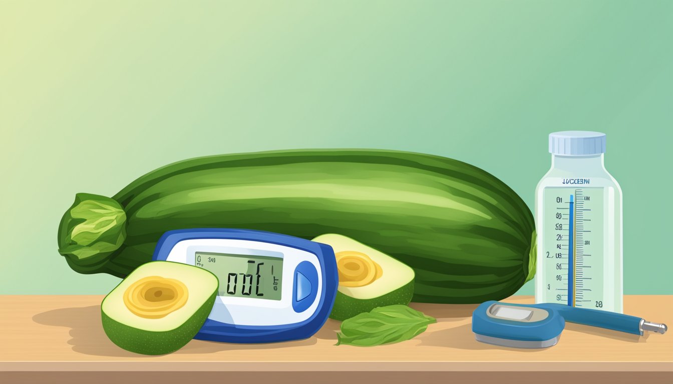 A zucchini placed next to a glucose meter and a chart of glycemic indices