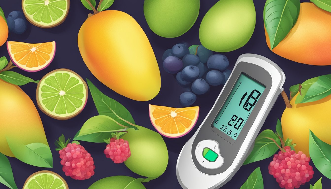 A ripe mango surrounded by a variety of colorful fruits, with a glucose meter and a nutrition label in the background