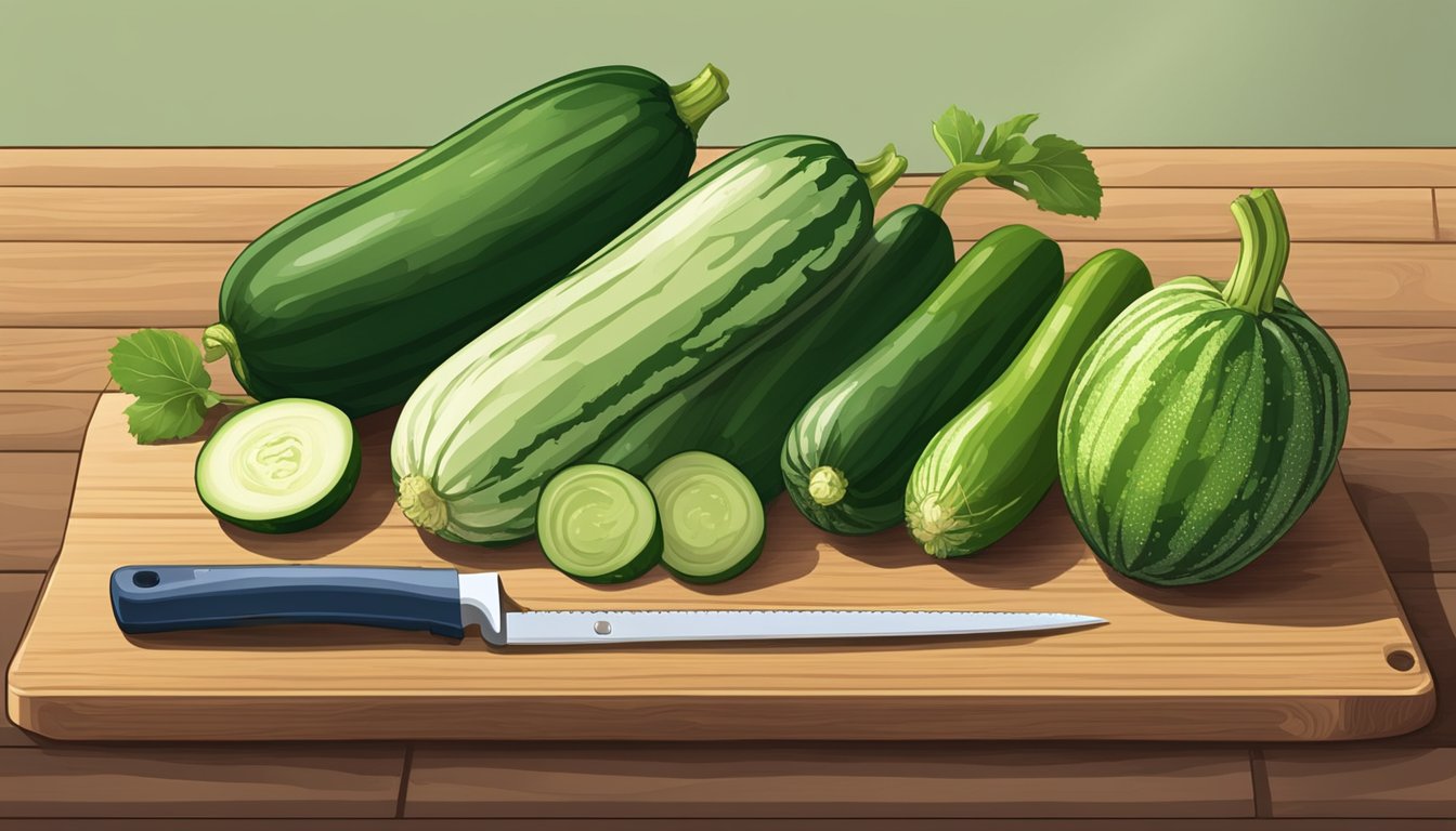 A variety of zucchinis arranged on a wooden cutting board, with a knife and measuring tape nearby