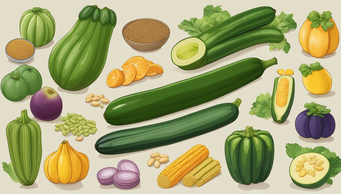 A zucchini surrounded by a variety of foods with different glycemic indexes, such as fruits, vegetables, and grains, displayed on a table