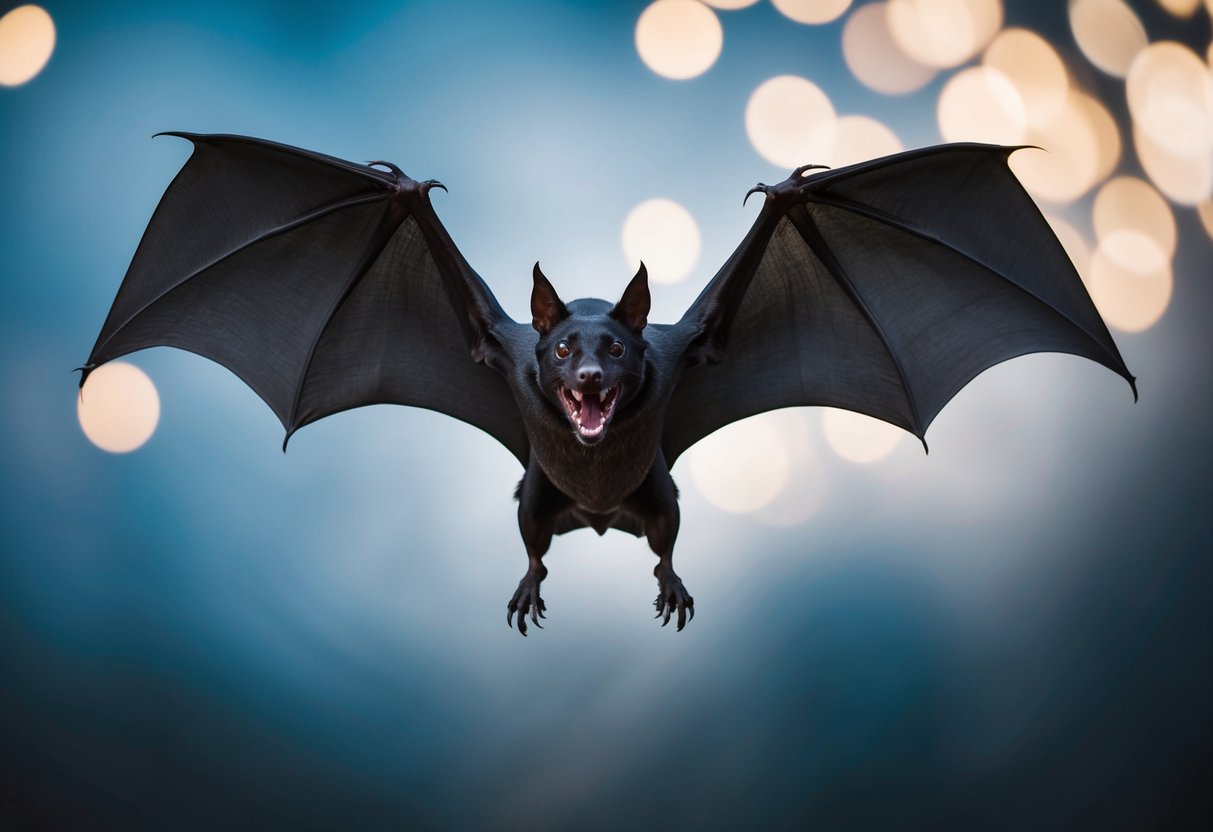 A bat swoops down, its wings outstretched, fangs bared