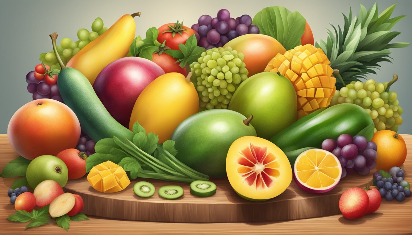 A ripe mango surrounded by a variety of colorful fruits and vegetables on a wooden cutting board