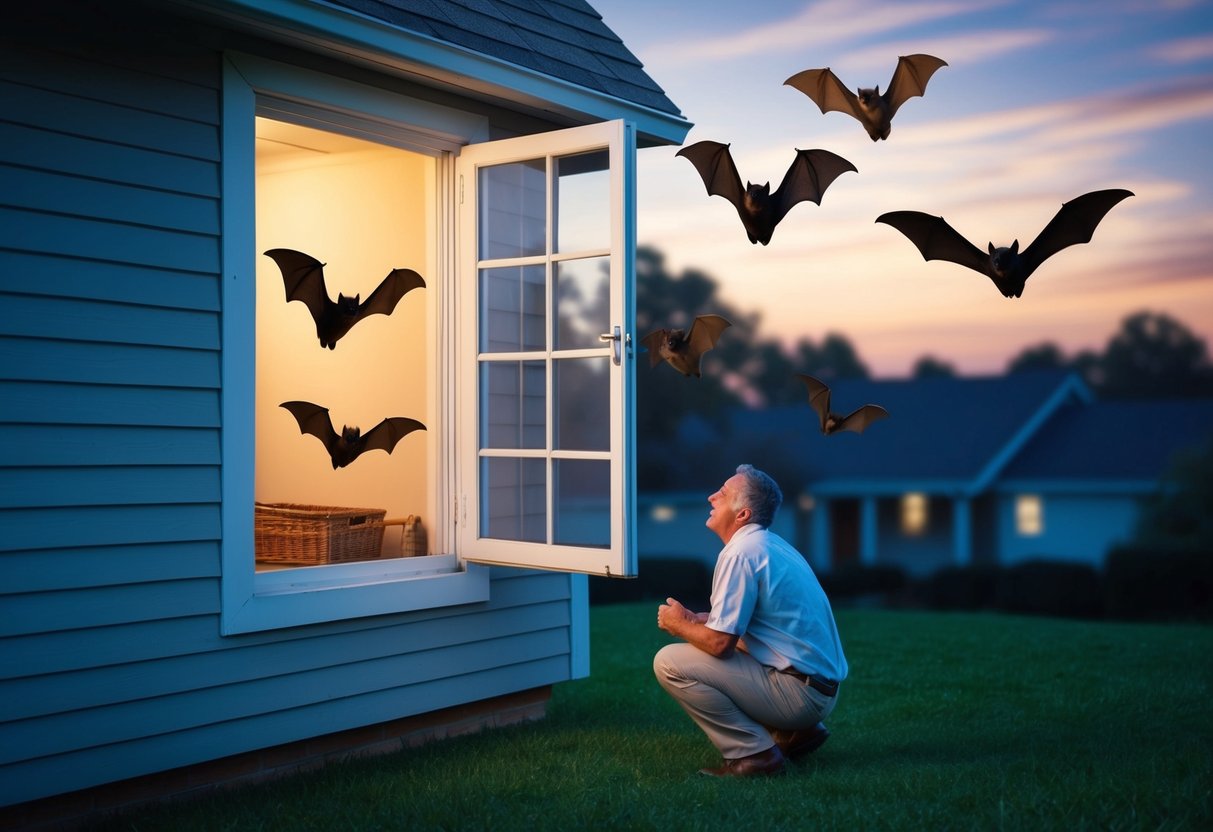 Bats flying out of an open attic window at dusk, while a homeowner looks on in frustration from the ground below