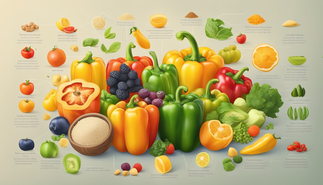 A colorful bell pepper surrounded by a variety of foods with different glycemic index values, such as fruits, vegetables, and grains