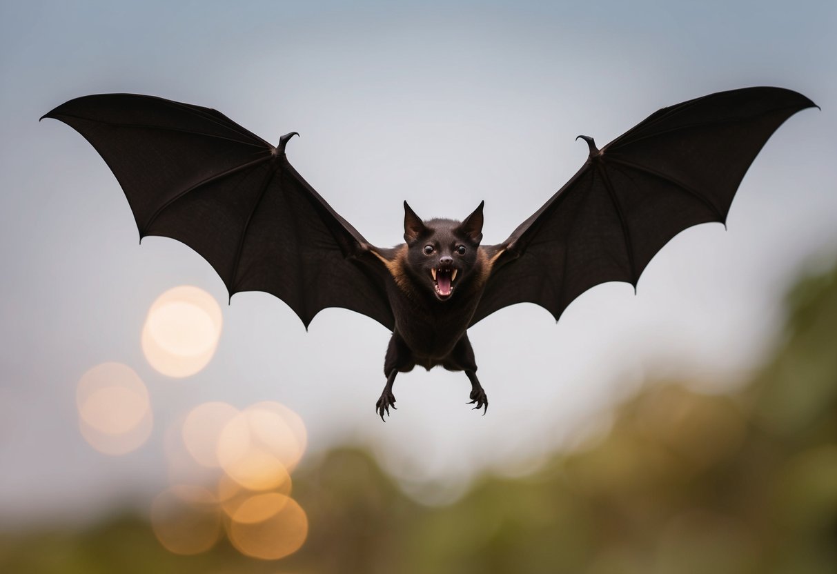 A bat swoops down, wings outstretched, fangs bared, ready to defend its territory