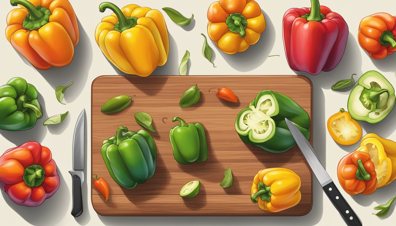 A colorful array of bell peppers arranged on a wooden cutting board, with a knife and measuring tape nearby